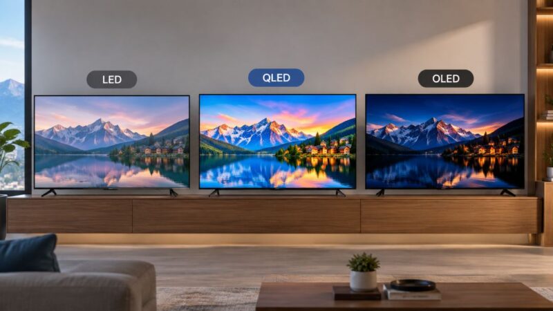 Three TVs showing QLED, OLED and LED display differences