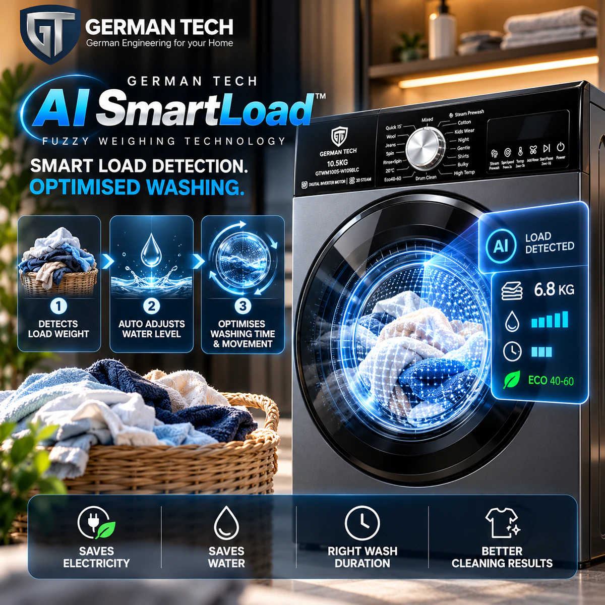 German Tech 10.5 KG Heavy Duty tempered glass Front Loading Washing Machine - GTWM1005W109BLC