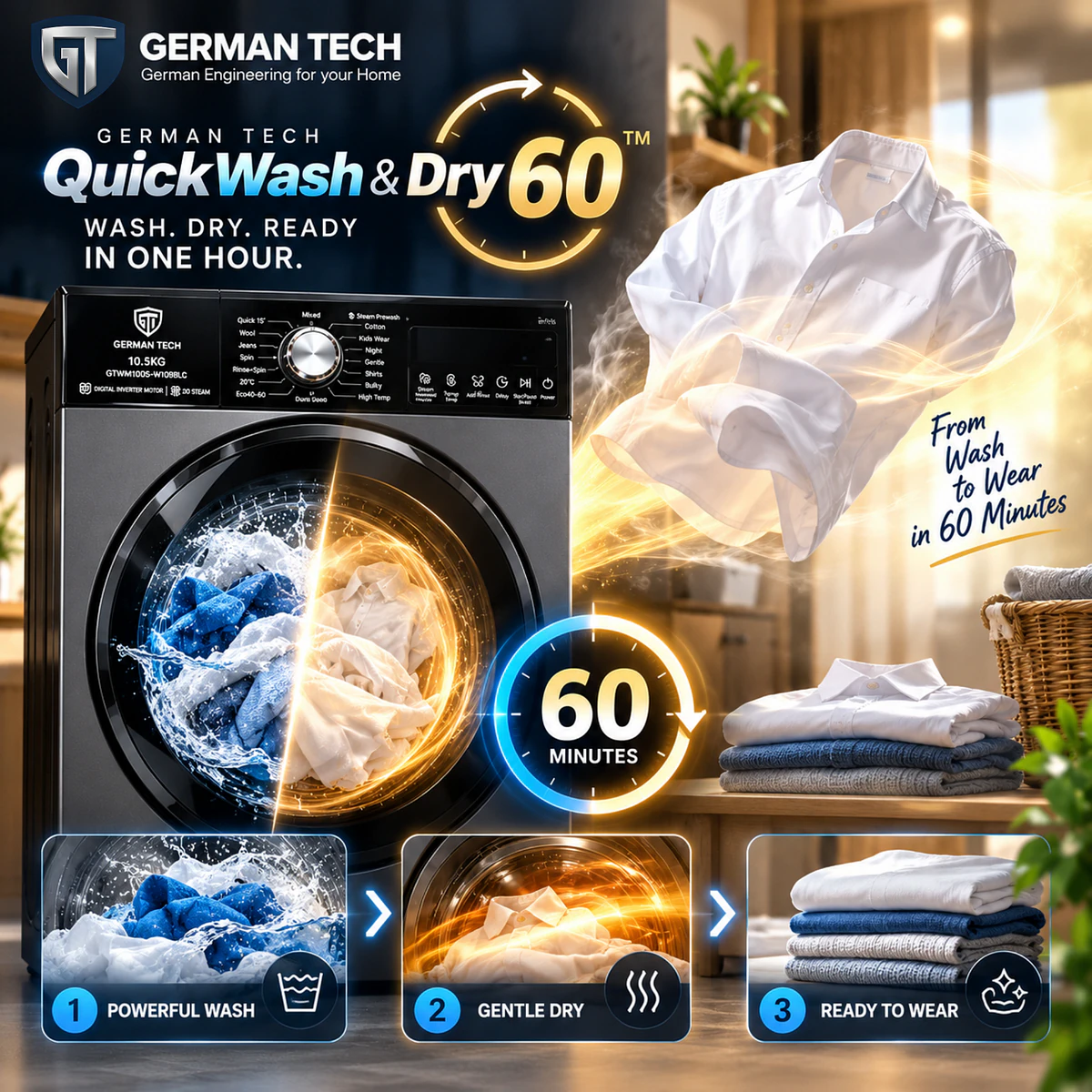 German Tech 10.5 KG Heavy Duty tempered glass Front Loading Washing Machine - GTWM1005W109BLC