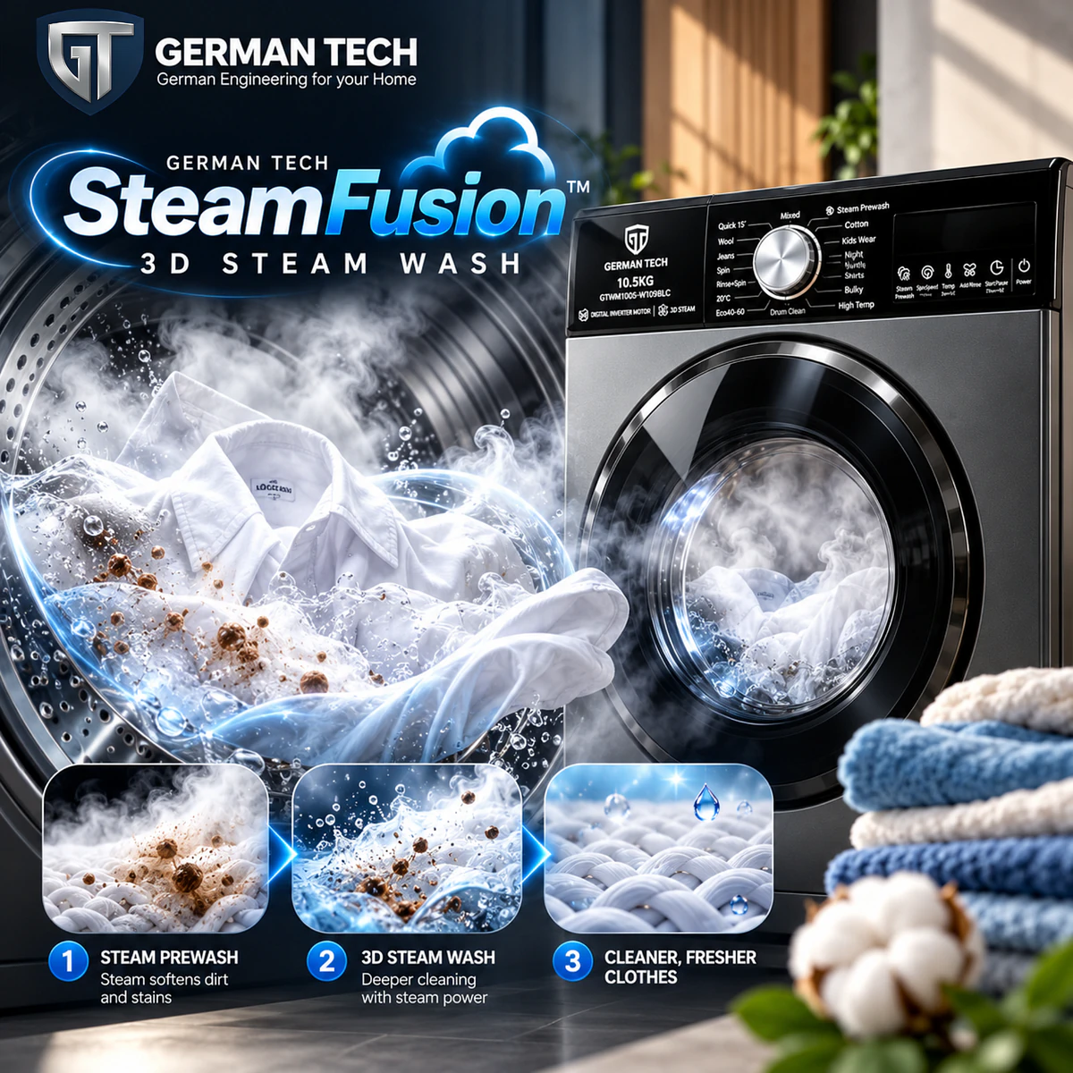 German Tech 10.5 KG Heavy Duty tempered glass Front Loading Washing Machine - GTWM1005W109BLC