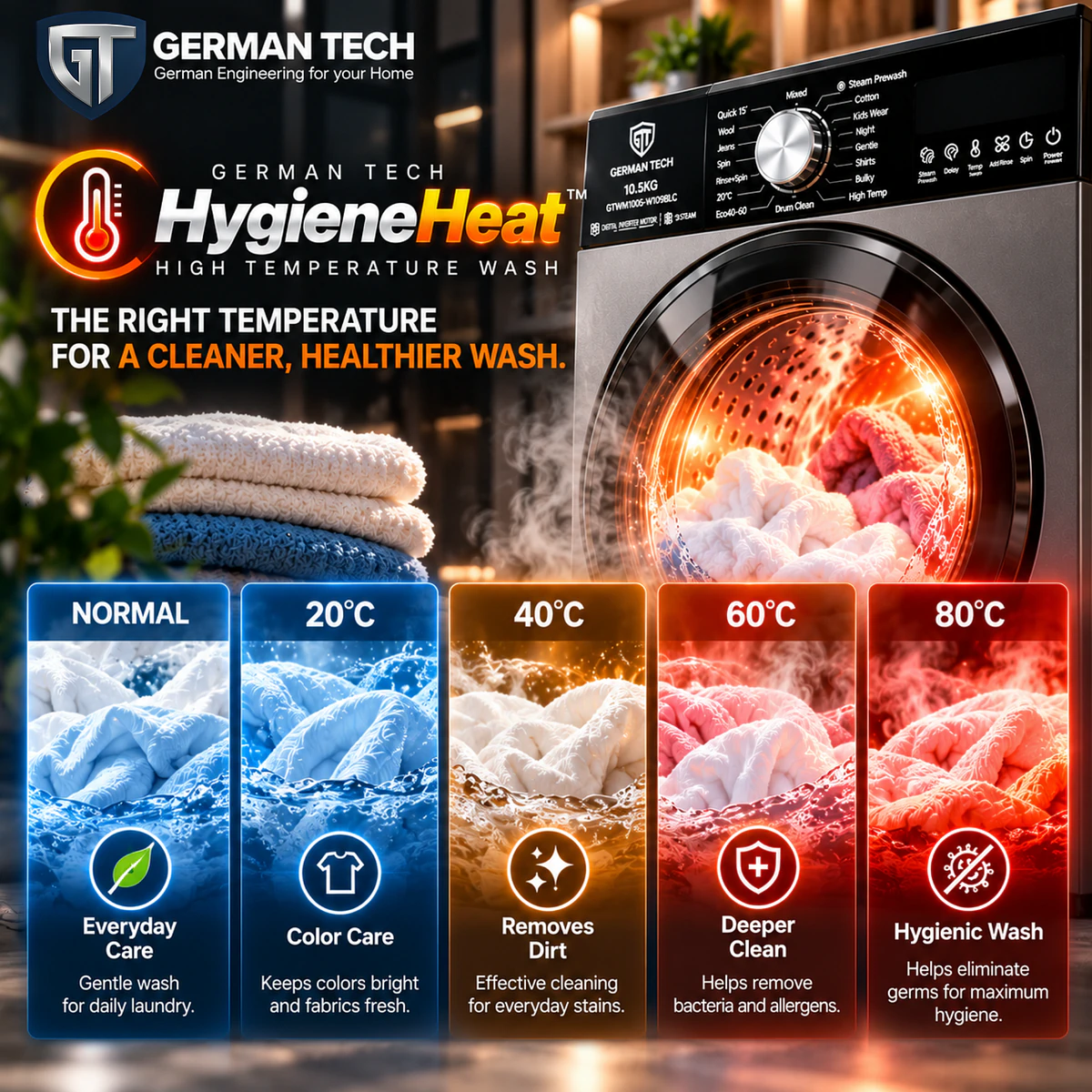 German Tech 10.5 KG Heavy Duty tempered glass Front Loading Washing Machine - GTWM1005W109BLC