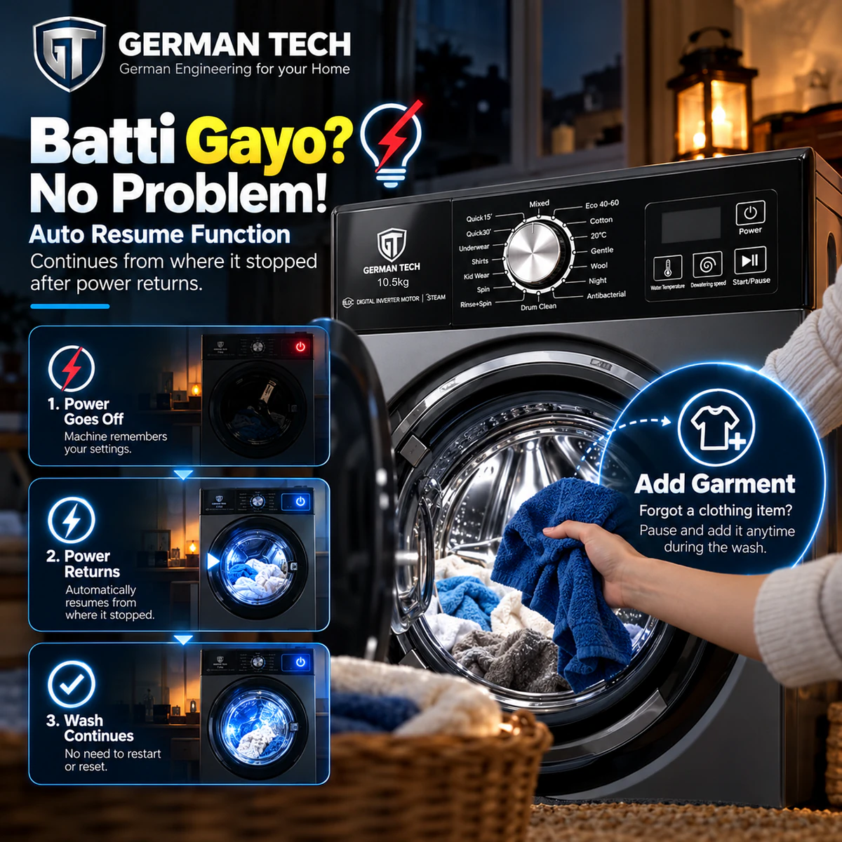 German Tech 10.5 KG Heavy Duty tempered glass Front Loading Washing Machine - GTWM1005W109BLC