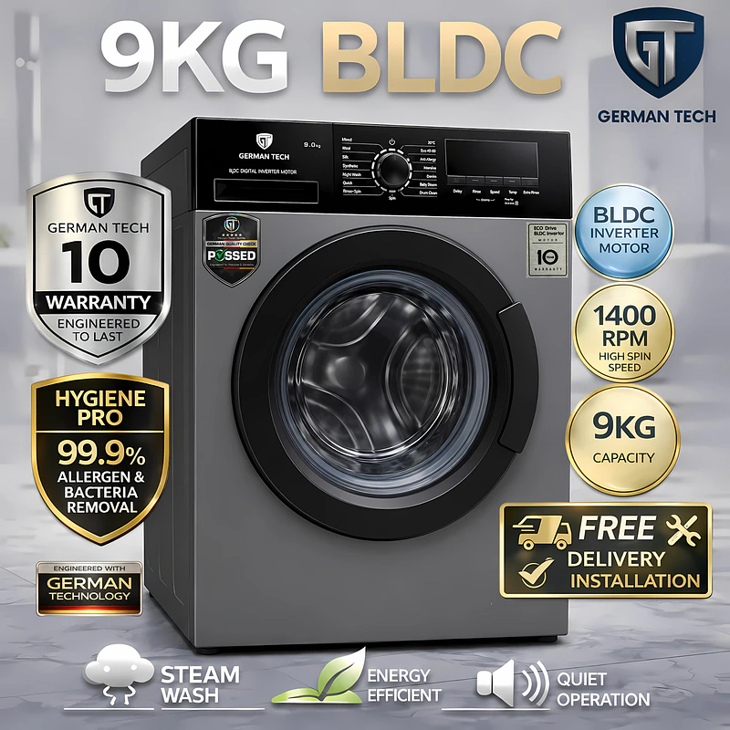 German Tech 9 KG Washing Machine Fully Automatic - GT-9KG-BLDC - best washing machine in Nepal. Shop at Nova Hub.