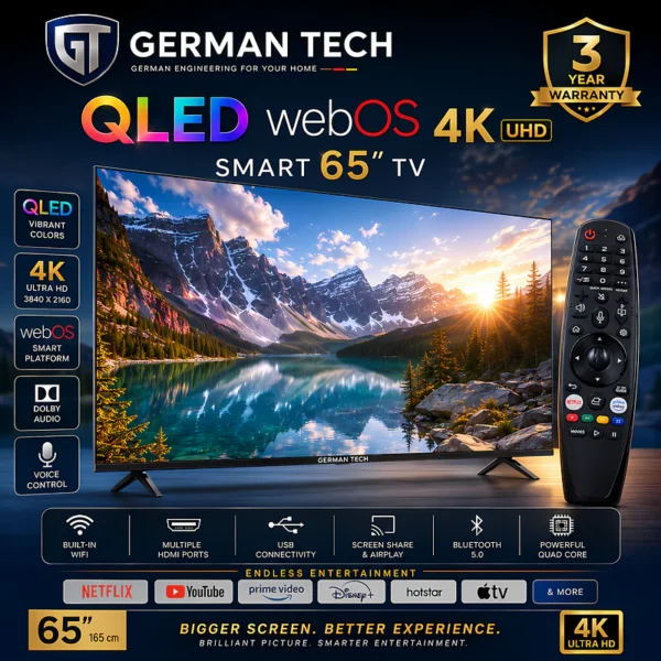 German Tech 65 Inch Smart WebOS 4k QLED TV GT65DWB109UHD - German Tech 65 Inch Smart TV GT65DWB109UHD - best tv in Nepal. Shop at Nova Hub.