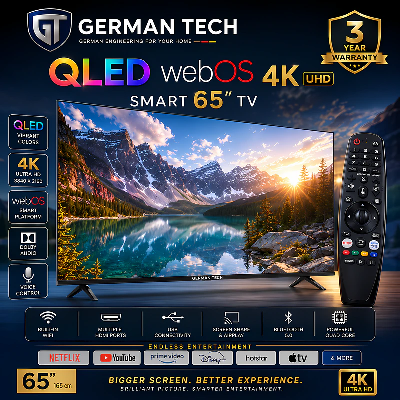 German Tech 65 Inch Smart WebOS 4k QLED TV GT65DWB109UHD - German Tech 65 Inch Smart TV GT65DWB109UHD - best tv in Nepal. Shop at Nova Hub.