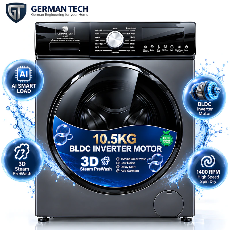 German Tech 10.5 KG Heavy Duty tempered glass Front Loading Washing Machine - GTWM1005W109BLC - best washing machine in Nepal. Shop at Nova Hub.