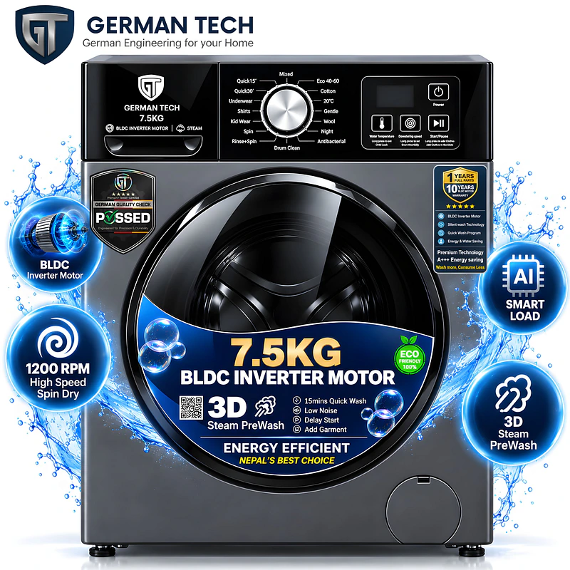 German Tech 7.5 KG Front Loading Washing Machine Tempered Glass BLDC Inverter Motor 10 Year Warranty - GTWM7051W109BL - best washing machine in Nepal. Shop at Nova Hub.